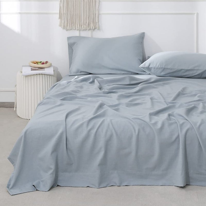 Simple&Opulence Belgian Linen Sheet Set Solid Color - 4 Pieces (1 Flat Sheet, 1 Fitted Sheet & 2 Pillowcases) Natural Flax Cotton Blend Soft Breathable Farmhouse Bedding - Queen Size, Dusty Blue - Image 1