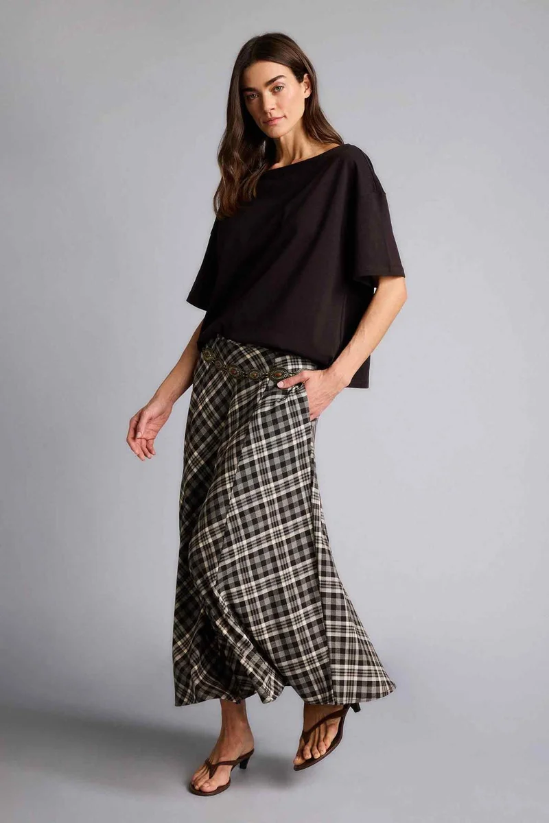 ديفاكتو A Cut Plaid Normal Waist Midi Skirt