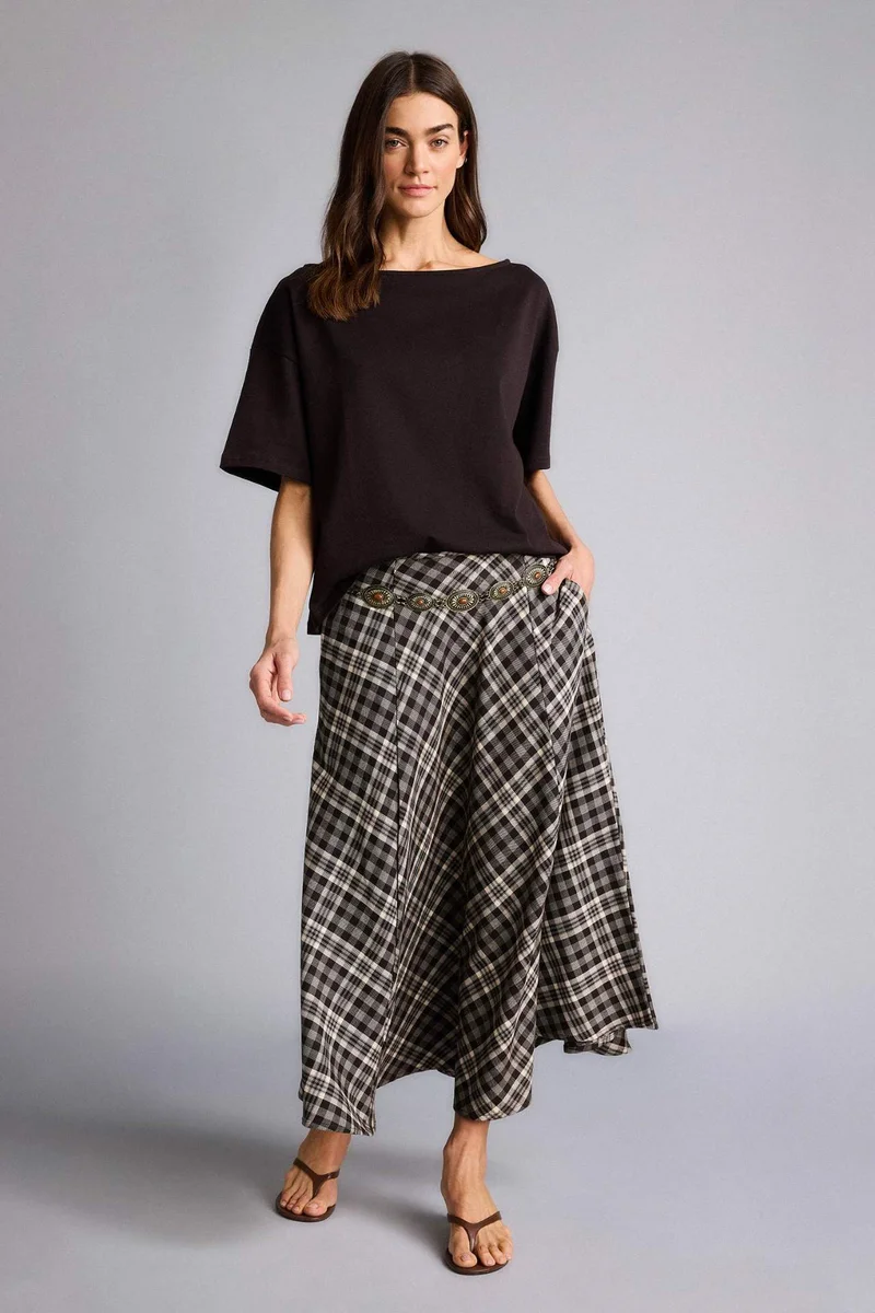 ديفاكتو A Cut Plaid Normal Waist Midi Skirt