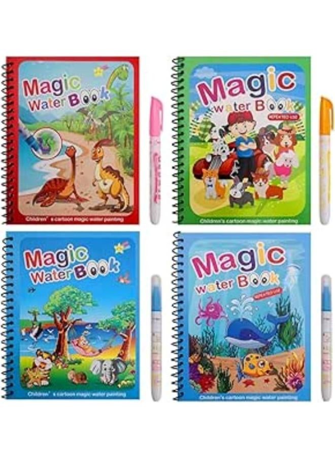 مجموعة كتب تلوين مائية سحرية للأطفال - عبوة من 4 وحدات - كتب تلوين قابلة لإعادة الاستخدام مع أقلام مائية سحرية، وموضوع الديناصورات والحيوانات، متعة لا حدود لها مع الماء