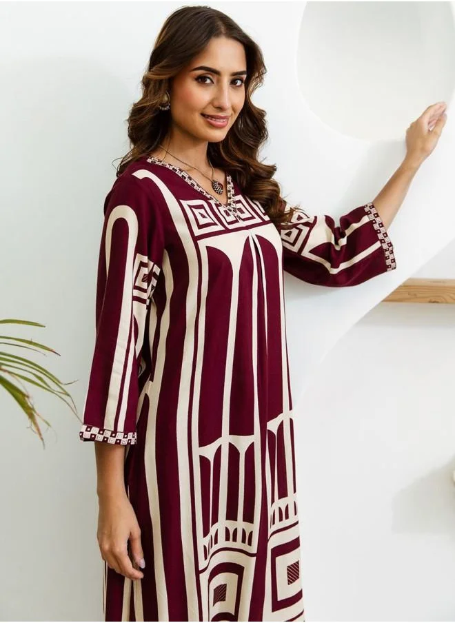 آي شين Palazzo Women Wine Rayon Kurta Set with Embroidered pattern Tunic and Palazzo features a Round neckline and Three-Fourth Sleeve secured with Elastic closure and styled in Straight Fit ideal for Festive moments — exude elegance in every glance.