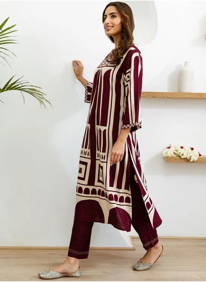 آي شين Palazzo Women Wine Rayon Kurta Set with Embroidered pattern Tunic and Palazzo features a Round neckline and Three-Fourth Sleeve secured with Elastic closure and styled in Straight Fit ideal for Festive moments — exude elegance in every glance.