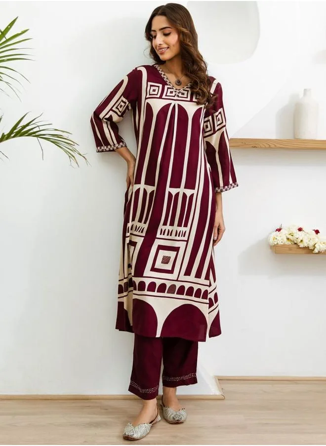 آي شين Palazzo Women Wine Rayon Kurta Set with Embroidered pattern Tunic and Palazzo features a Round neckline and Three-Fourth Sleeve secured with Elastic closure and styled in Straight Fit ideal for Festive moments — exude elegance in every glance.