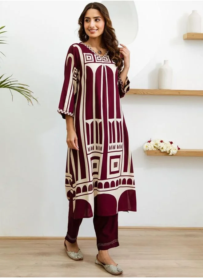 آي شين Palazzo Women Wine Rayon Kurta Set with Embroidered pattern Tunic and Palazzo features a Round neckline and Three-Fourth Sleeve secured with Elastic closure and styled in Straight Fit ideal for Festive moments — exude elegance in every glance.