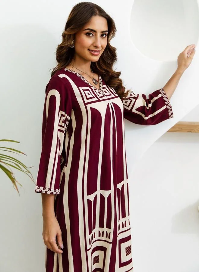 ISHIN Women's Wine Rayon Embroidered Tunic Full Length Palazzo Straight Fit Kurta Set