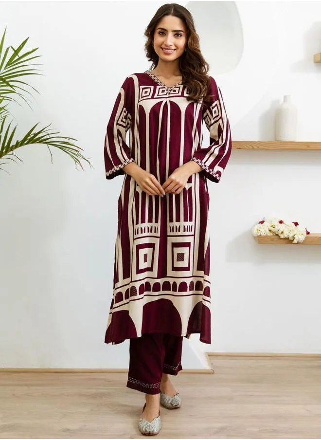 ISHIN Palazzo Women Wine Rayon Kurta Set with Embroidered pattern Tunic and Palazzo features a Round neckline and Three-Fourth Sleeve secured with Elastic closure and styled in Straight Fit ideal for Festive moments — exude elegance in every glance.