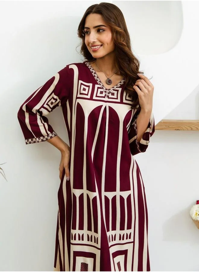 ISHIN Palazzo Women Wine Rayon Kurta Set with Embroidered pattern Tunic and Palazzo features a Round neckline and Three-Fourth Sleeve secured with Elastic closure and styled in Straight Fit ideal for Festive moments — exude elegance in every glance.