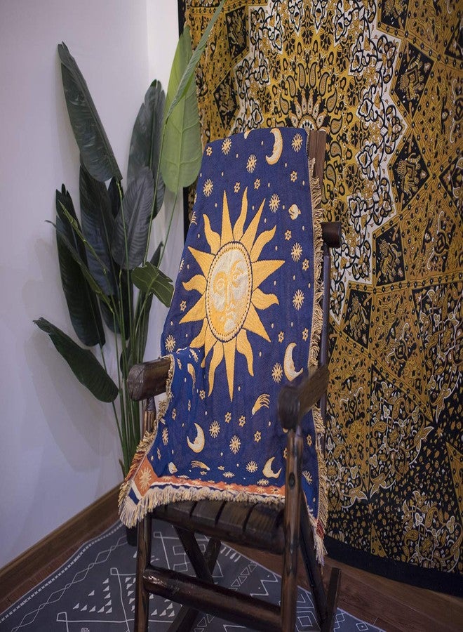 Erke 35"x60" Sun and Moon Stars Cushion Cover for Sofa Loveseat Slipcover Chair Furniture Protector Decor, Hippie Room Decorative Wall Hanging Celestial Tapestry (Yellow Blue, Small, 100% Cotton) - Image 3