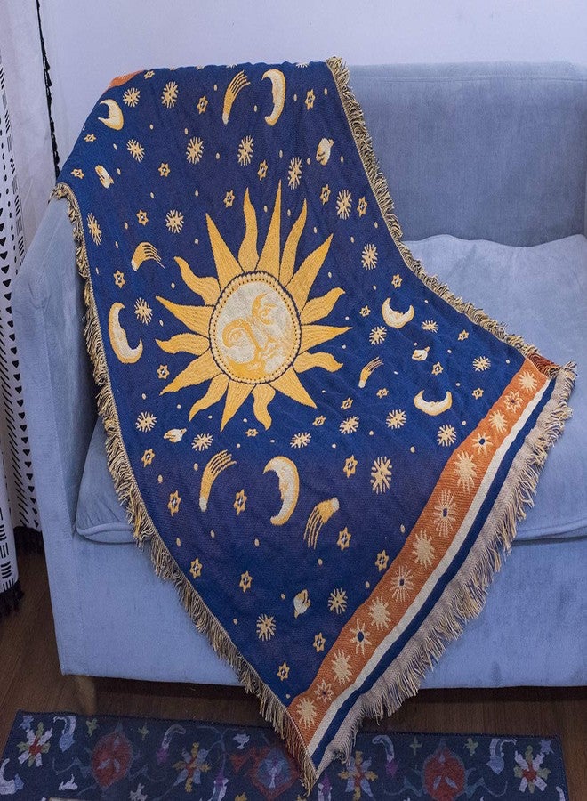 Erke 35"x60" Sun and Moon Stars Cushion Cover for Sofa Loveseat Slipcover Chair Furniture Protector Decor, Hippie Room Decorative Wall Hanging Celestial Tapestry (Yellow Blue, Small, 100% Cotton) - Image 1