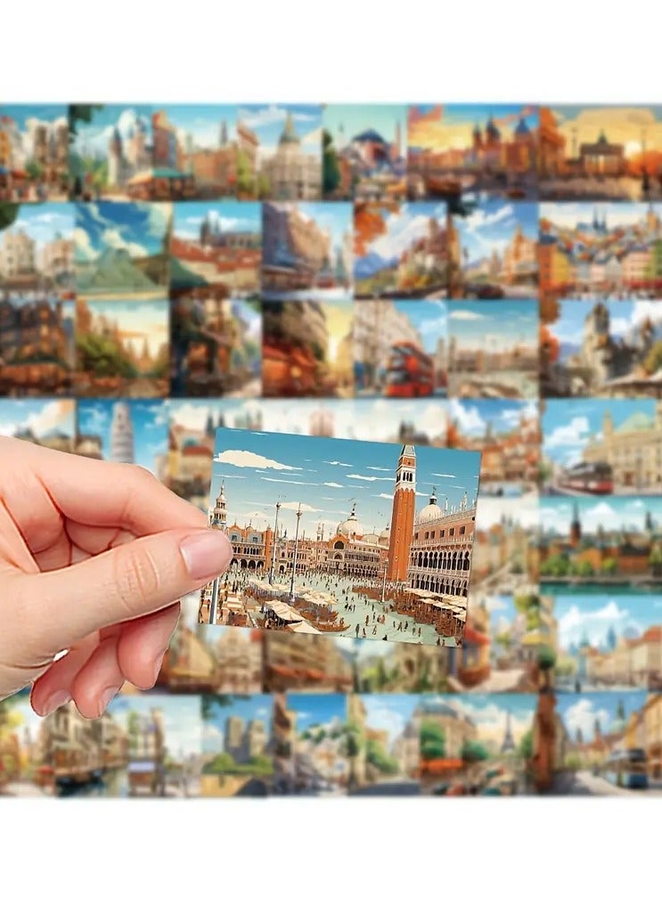 Goolsky 50pcs European Architecture Cartoon Stickers - Waterproof, Matte Finish for Luggage, Insulated Cups & Room Decor - Image 3