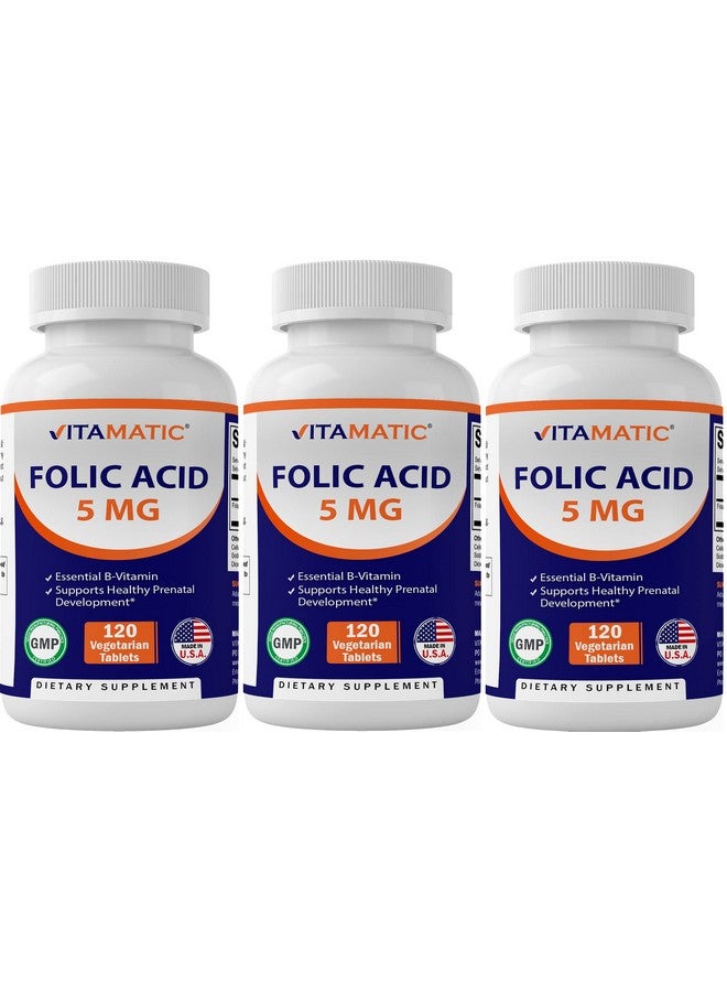 Vitamatic 3 Pack Folic Acid 5mg (5000 mcg) - 120 Vegetarian Tablets - (Vitamin B9 Folate) (Total 360 Tablets)