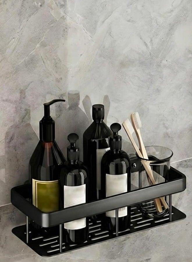 SolaceWave Luxury Wall Mounted Bathroom Shelf | Black Frame & Black Base Adhesive Storage Rack for Toiletries, Shower, Kitchen & Home Organization - No Drill Waterproof Wall Shelf (Pack of 1) - Image 1