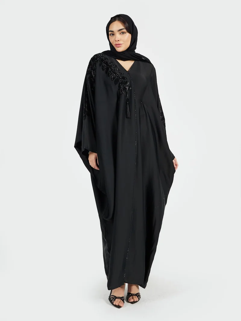 Black Butterfly Kaftan with Leaf Embroidery