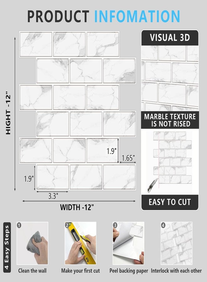 URCOLOR 10-Sheet Backsplash Tile for Kitchen Peel and Stick,12"x12" Self Adhesive Wall Tiles on Back Splashes for Bathroom White Marble Look - Image 5