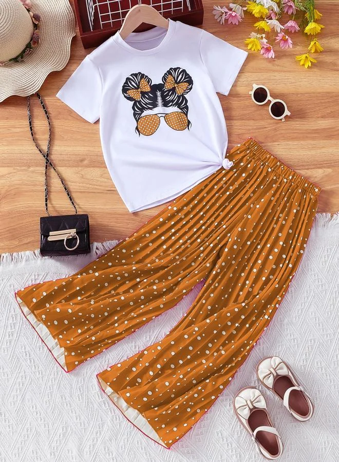Take Two Girls Graphic Print T-Shirt and Polka Dot Pants Set