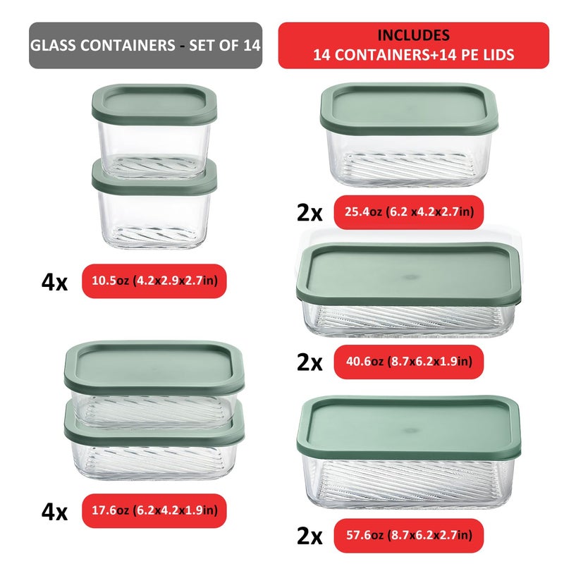 EATEX 14 Pack Glass Meal Prep Containers with Grooved Base, 14 Stackable BPA Free Glass Storage Containers with Lids for Lunch, Pantry, and Kitchen - Microwave, Dishwasher Freezer & Oven Safe - Sage - Image 2