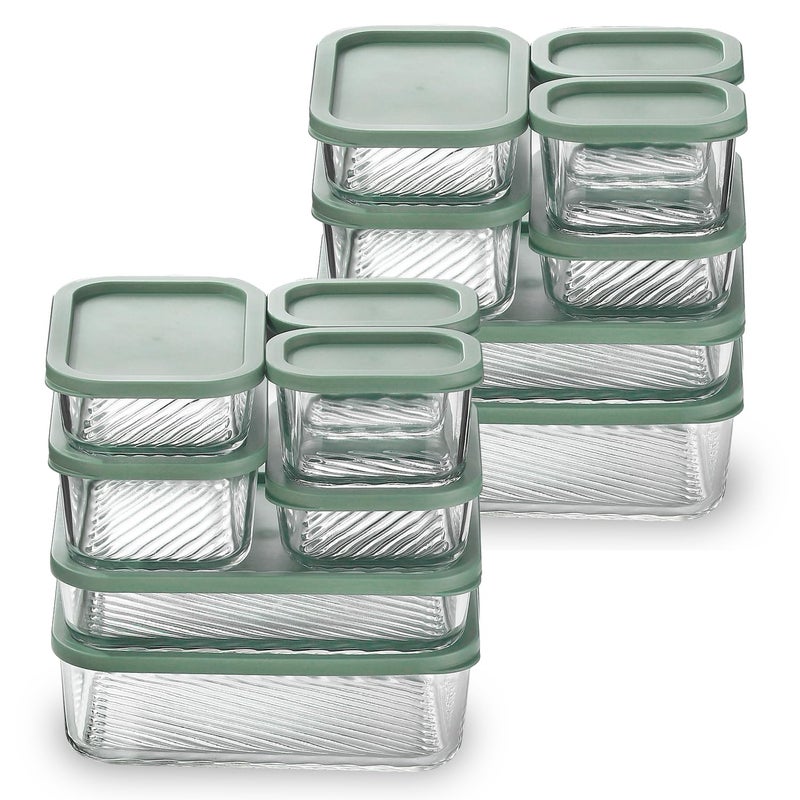 EATEX 14 Pack Glass Meal Prep Containers with Grooved Base, 14 Stackable BPA Free Glass Storage Containers with Lids for Lunch, Pantry, and Kitchen - Microwave, Dishwasher Freezer & Oven Safe - Sage - Image 1