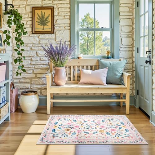 Terrug 2x3 Pink Floral Area Rug for EntrywayBoho Machine Washable Throw Rugs with NonSlip Blacking for KitchenSmall Flower Carpet for Bedroom Front Door Laundry Floor Decor - Image 3