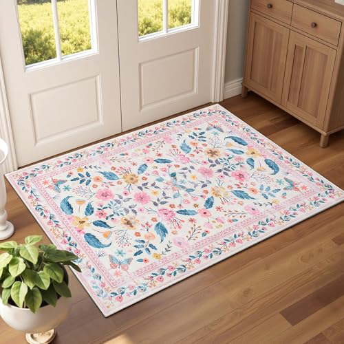 Terrug 2x3 Pink Floral Area Rug for EntrywayBoho Machine Washable Throw Rugs with NonSlip Blacking for KitchenSmall Flower Carpet for Bedroom Front Door Laundry Floor Decor - Image 1