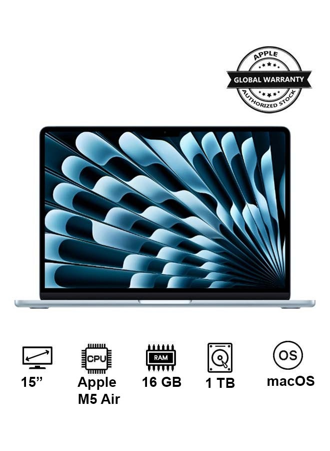 New 2026 MacBook Air MDVT4 | 15 Inch Display | Apple M5 Air | 10-Core CPU 10-Core GPU | 16GB RAM | 1TB SSD | macOS | English And Arabic Keyboard | Sky Blue