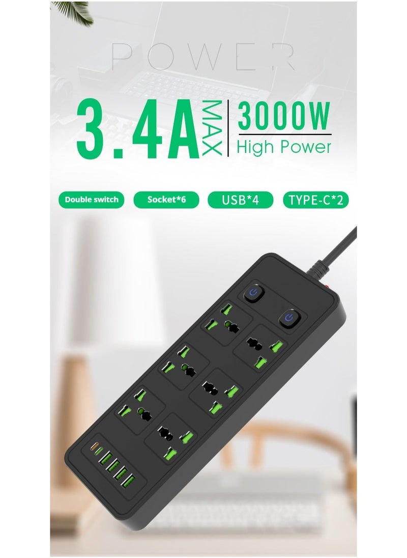 Anmi 5m Power Strip with USB Slots, 6 Way Sockets Outlets with 2 Type-C Slots and 4 USB Ports, Extension Cable with Switch Surge Protected Power Strips(3000W/13A), UK Multi Plug Adapter Electrical Cords - Image 2