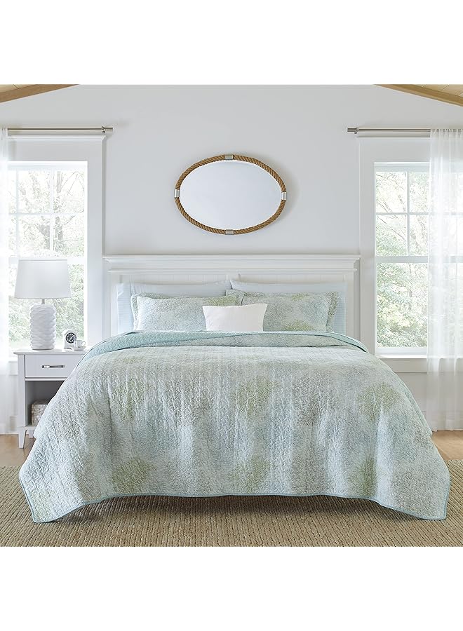 LAURA ASHLEY Twin Quilt Set Reversible Cotton Bedding With Matching Sham Pre Washed Home Decor For Added Softness Saltwater Blue Twin - Image 1