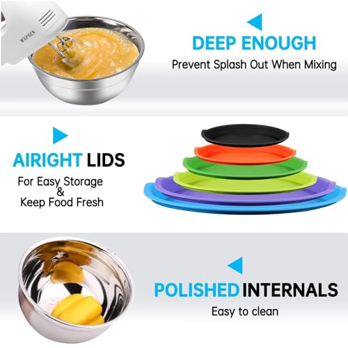 WEPSEN Mixing Bowls with Lid Set, 27PCS Kitchen Utensils Metal Bowl Stainless Steel Nesting Bowls, Measuring Cups and Spoons, Egg Whisk for Baking - Image 5