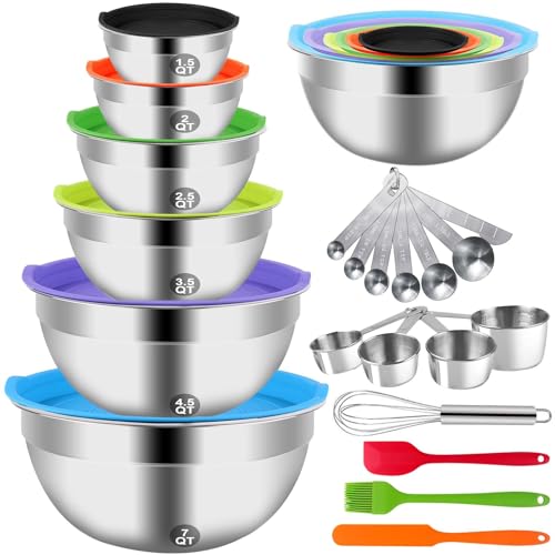 WEPSEN Mixing Bowls with Lid Set, 27PCS Kitchen Utensils Metal Bowl Stainless Steel Nesting Bowls, Measuring Cups and Spoons, Egg Whisk for Baking - Image 1