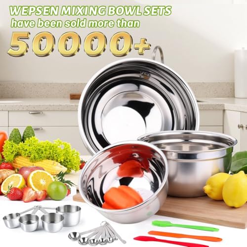 WEPSEN Mixing Bowls with Lid Set, 27PCS Kitchen Utensils Metal Bowl Stainless Steel Nesting Bowls, Measuring Cups and Spoons, Egg Whisk for Baking - Image 2