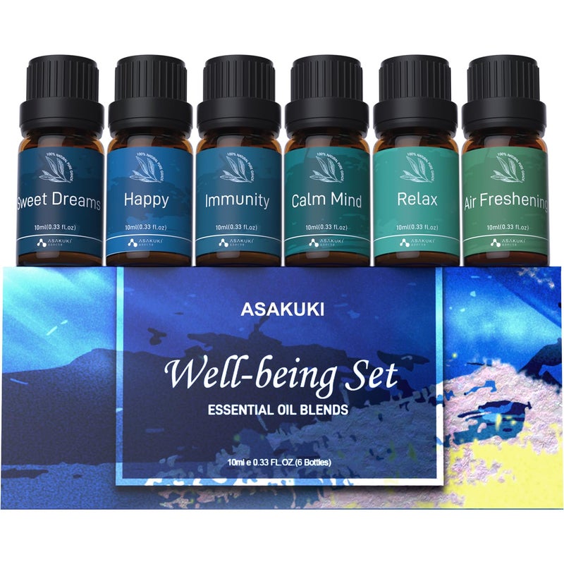 ASAKUKI Essential Oil Blends, Essential Oils Set for Diffusers for Home, Well-Being Kit- Calming, Dreams, Breathe, Relaxing, Mood, Fresh Air for Aromatherapy, Humidifiers, Massage, 6x10ml - Image 1