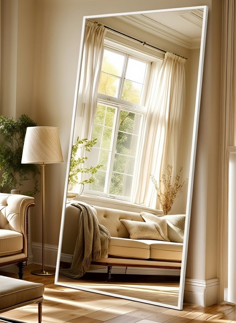 تايمي مرآة ضخمة جدا بتصميم انيق 180x80سم - مرآة كاملة الطول باطار معدني ابيض واستاند خلفي - تصميمها الرائع يناسب غرفة المعيشة وغرف اللبس وغرف النوم - Image 1