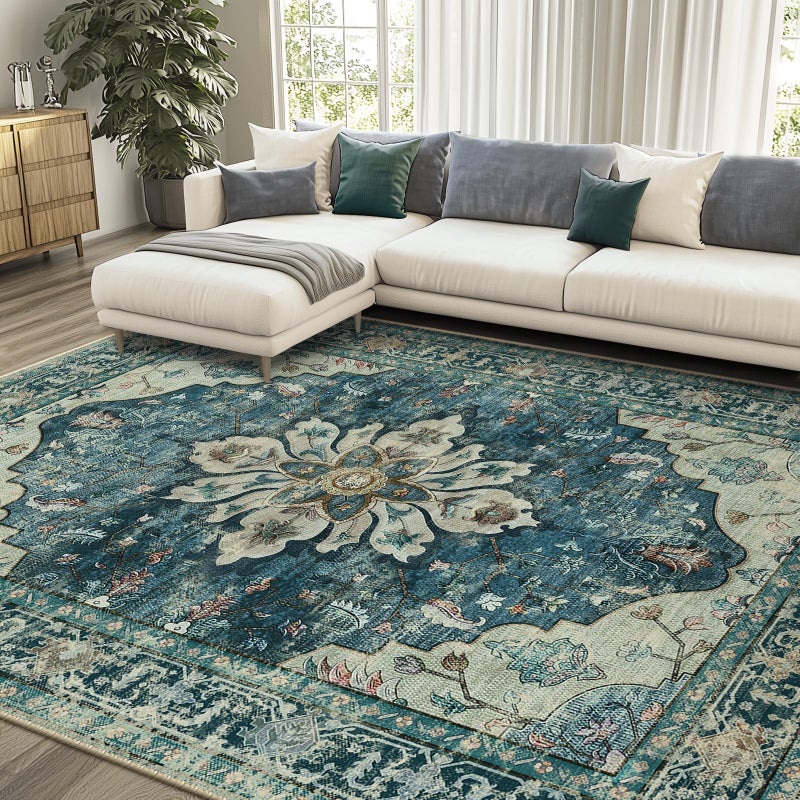 RELEANY Area Rugs 6'x9' Washable Non-Slip, Floral Vintage Distress Print Pattern Medallion Carpet for Living Room Bedroom Dining Room, Dark Blue Vintage - Image 2