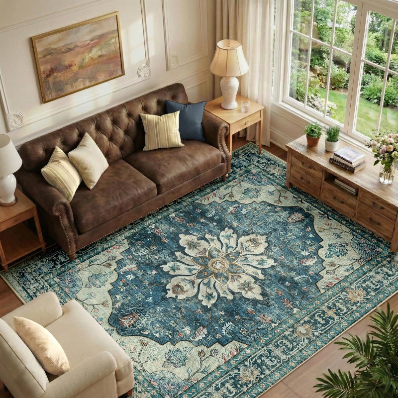 RELEANY Area Rugs 6'x9' Washable Non-Slip, Floral Vintage Distress Print Pattern Medallion Carpet for Living Room Bedroom Dining Room, Dark Blue Vintage - Image 1