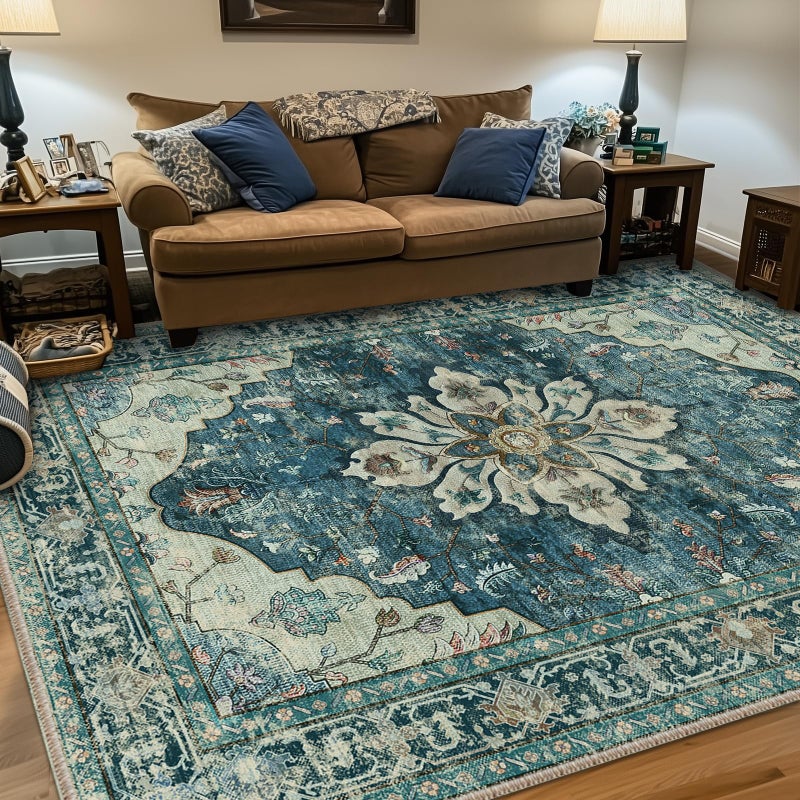 RELEANY Area Rugs 6'x9' Washable Non-Slip, Floral Vintage Distress Print Pattern Medallion Carpet for Living Room Bedroom Dining Room, Dark Blue Vintage - Image 3