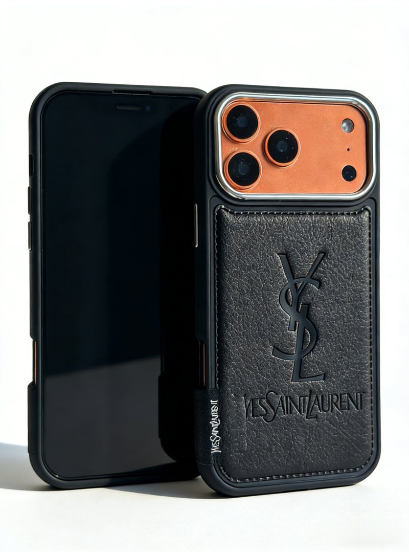 سانت لوران YSL Embossed Leather Card Holder Phone Case for iPhone 16/17 Pro Max - Image 1