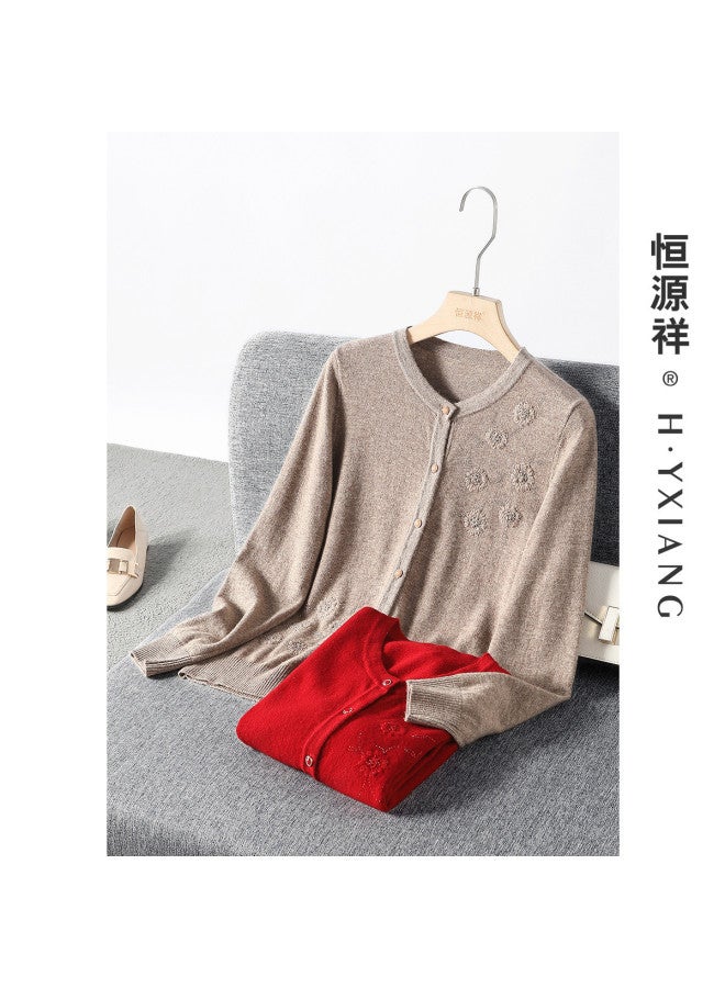 Hengyuanxiang Exquisite Embroidered Crystal-Inlaid [Pure Wool] Loose-Fit Mom Cardigan Round Neck Autumn Knitted Sweater - Image 2