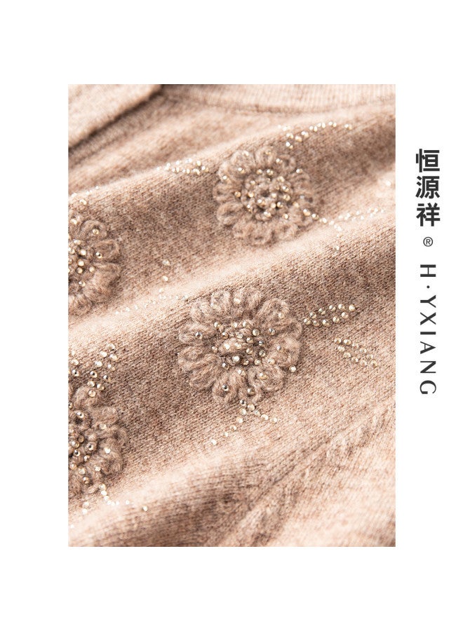 Hengyuanxiang Exquisite Embroidered Crystal-Inlaid [Pure Wool] Loose-Fit Mom Cardigan Round Neck Autumn Knitted Sweater - Image 5