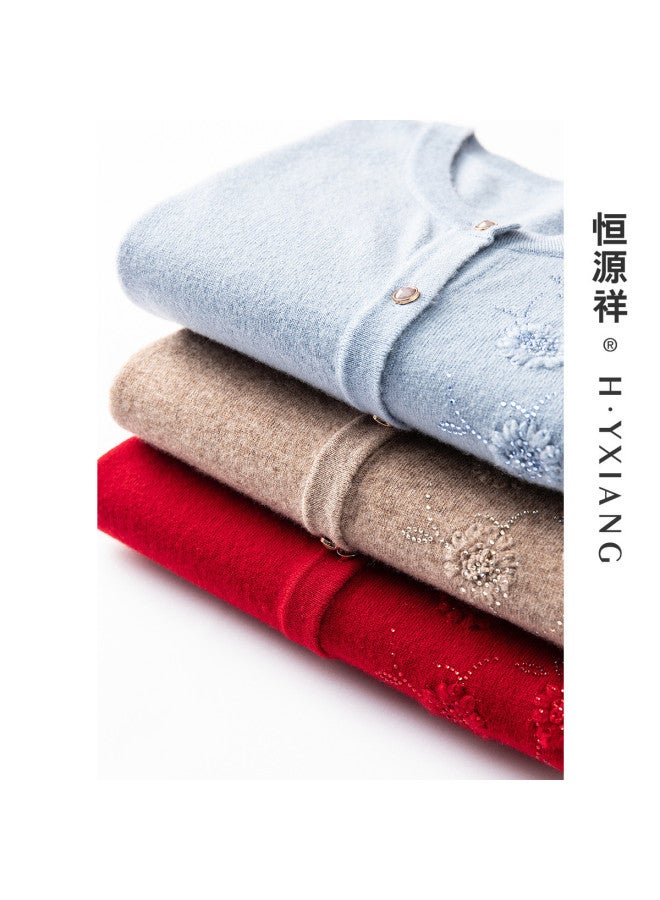 Hengyuanxiang Exquisite Embroidered Crystal-Inlaid [Pure Wool] Loose-Fit Mom Cardigan Round Neck Autumn Knitted Sweater - Image 3