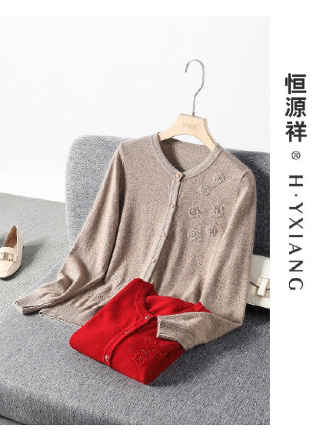 Hengyuanxiang Exquisite Embroidered Crystal-Inlaid [Pure Wool] Loose-Fit Mom Cardigan Round Neck Autumn Knitted Sweater - Image 1