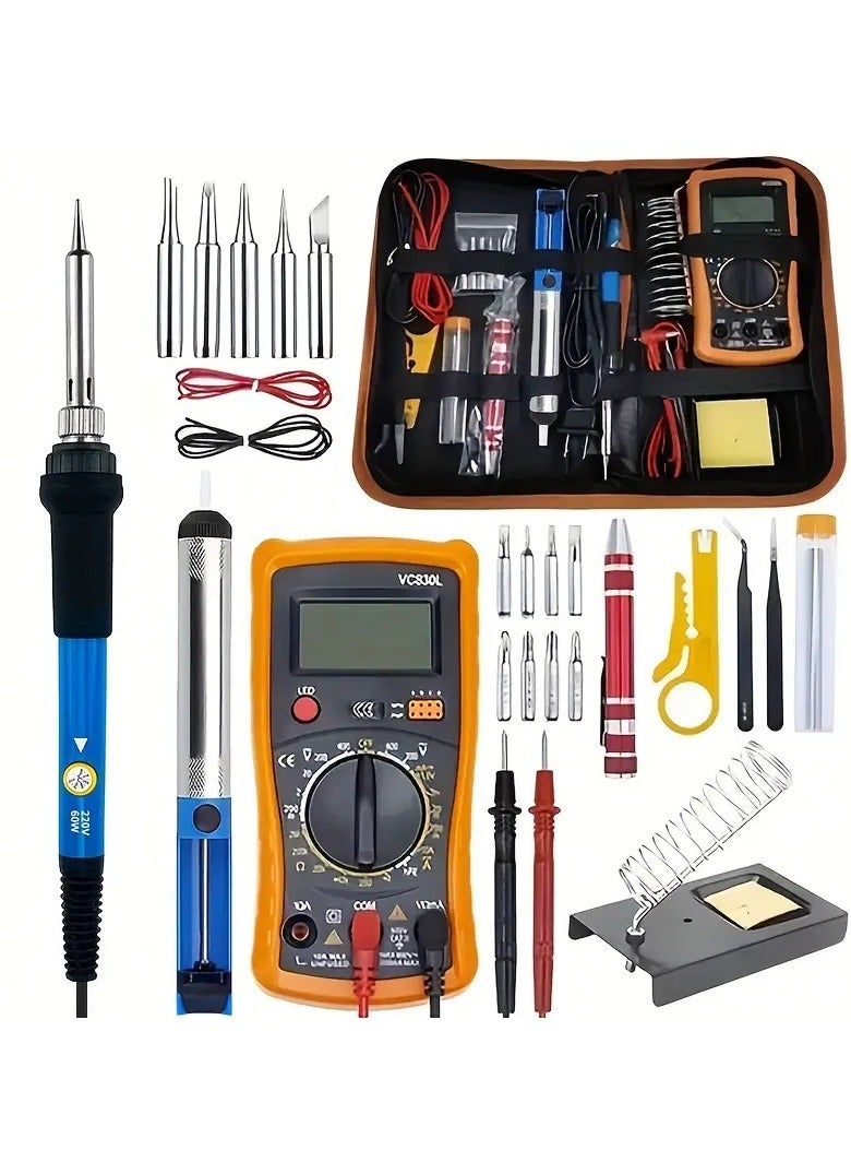 اكس برو 5 مجموعة أدوات إصلاح الأجهزة الإلكترونية مع مكواة بدرجة حرارة قابلة للتعديل بقوة 60 وات، ومقياس متعدد رقمي، ومقبض من مادة البولي فينيل كلوريد غير قابل للانزلاق، ومقبس قياسي أوروبي مزود بالطاقة 220-240 فولت وأدوات إصلاح دقيقة لصيانة الدوائر - Image 1