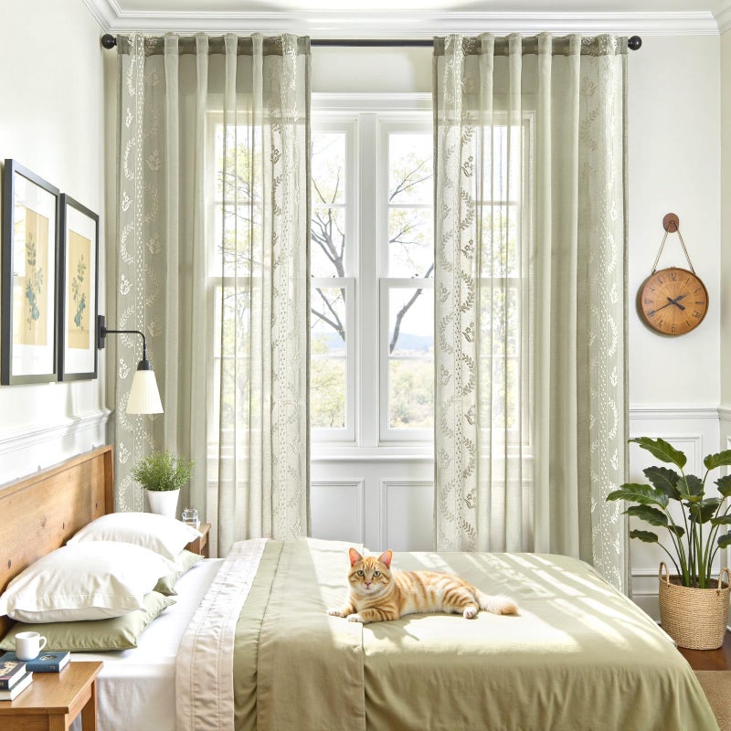 jinchan Belrose Sage Green Floral Sheer Curtains for Bedroom 63 Inch Long Voile Embroidered Farmhouse Curtains for Living Room Ivory Flower Patterned Rod Pocket Window Treatments, 2 Panels Green - Image 3