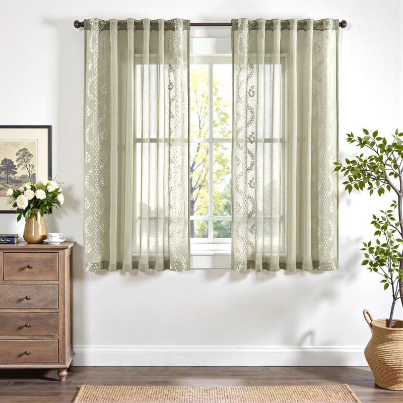 jinchan Belrose Sage Green Floral Sheer Curtains for Bedroom 63 Inch Long Voile Embroidered Farmhouse Curtains for Living Room Ivory Flower Patterned Rod Pocket Window Treatments, 2 Panels Green - Image 2