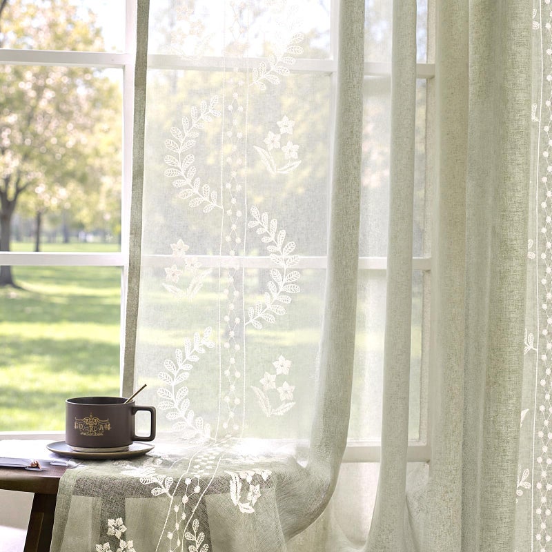 jinchan Belrose Sage Green Floral Sheer Curtains for Bedroom 63 Inch Long Voile Embroidered Farmhouse Curtains for Living Room Ivory Flower Patterned Rod Pocket Window Treatments, 2 Panels Green - Image 1