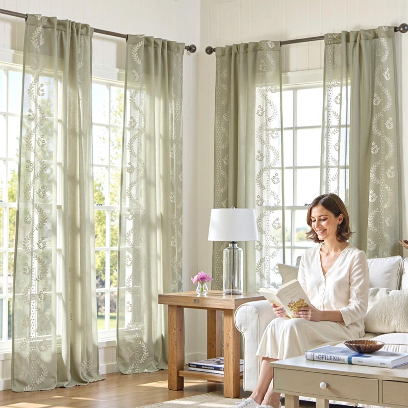 jinchan Belrose Sage Green Floral Sheer Curtains for Bedroom 63 Inch Long Voile Embroidered Farmhouse Curtains for Living Room Ivory Flower Patterned Rod Pocket Window Treatments, 2 Panels Green - Image 4