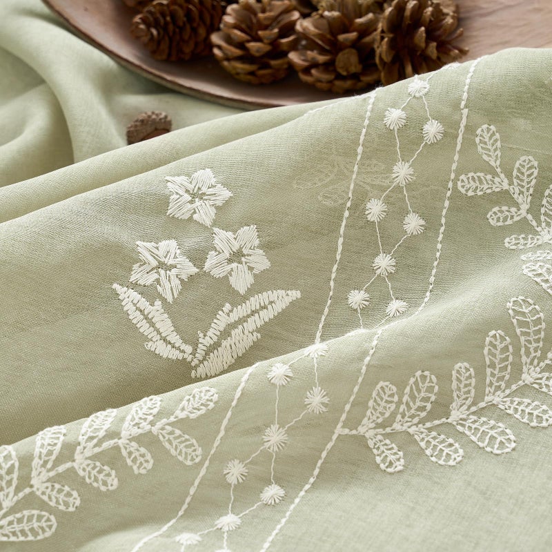 jinchan Belrose Sage Green Floral Sheer Curtains for Bedroom 63 Inch Long Voile Embroidered Farmhouse Curtains for Living Room Ivory Flower Patterned Rod Pocket Window Treatments, 2 Panels Green - Image 5