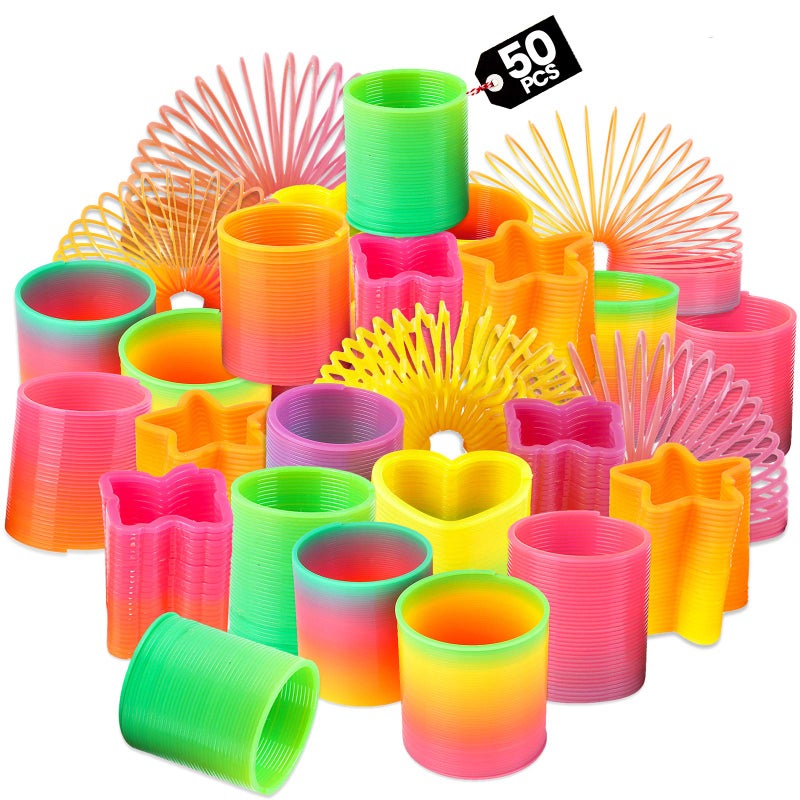 Bedwina Rainbow Spring Toy Assortment - (Pack of 50) Mini Plastic Coil Spring Toy | Bright Colors and Shapes, Goody Bag Filler & Party Prizes for Kids - Image 1