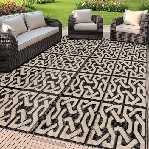 SAND MINE SAND MINE Reversible Mats Plastic Straw Rug Modern Area Rug Large Floor Mat and Rug for Outdoors RV Patio Backyard Deck Picnic Beach Camping Trailer Black  Beige 5 x 8 