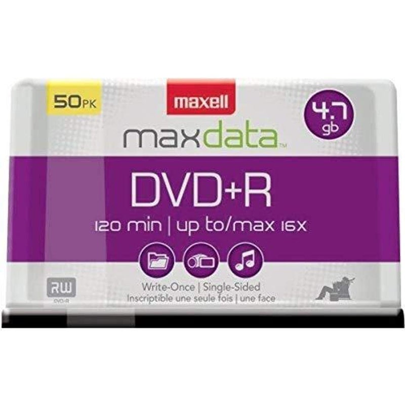 Maxell â€“ MAX639013, DVD-R Blank Disc - 4.7GB Storage Capacity with 16X Write Speed - Write-Once Format for Large File & Superior Archival Life - Compatible with DVD/Player - 50 Pack Spindle Silver - Image 1