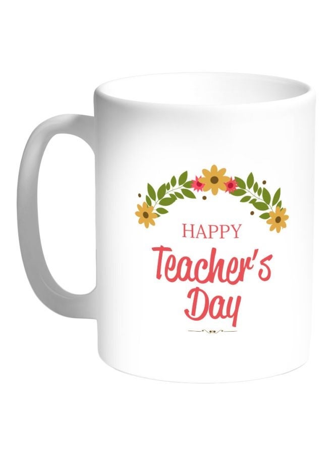 RYN Happy Teacher's Day Printed Coffee Mug White/Green/Pink 325ml