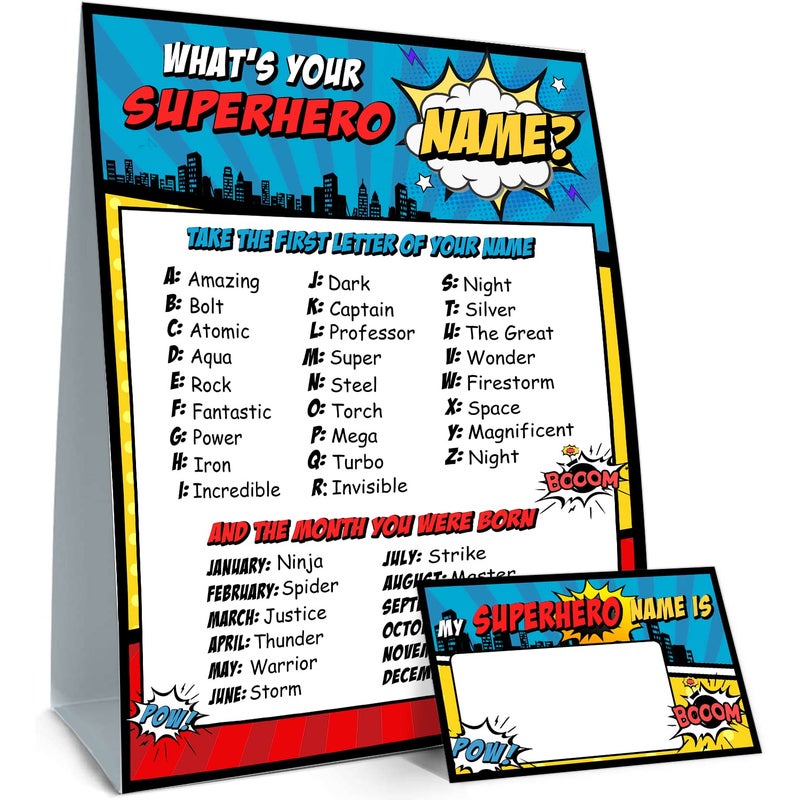 What is Your Superhero Name Game Game Sign and 30 Cards Superhero Birthday Party Sign for Boys Holiday Activity Kids Superhero Activity Cards Superhero Activity Decoration Supplies